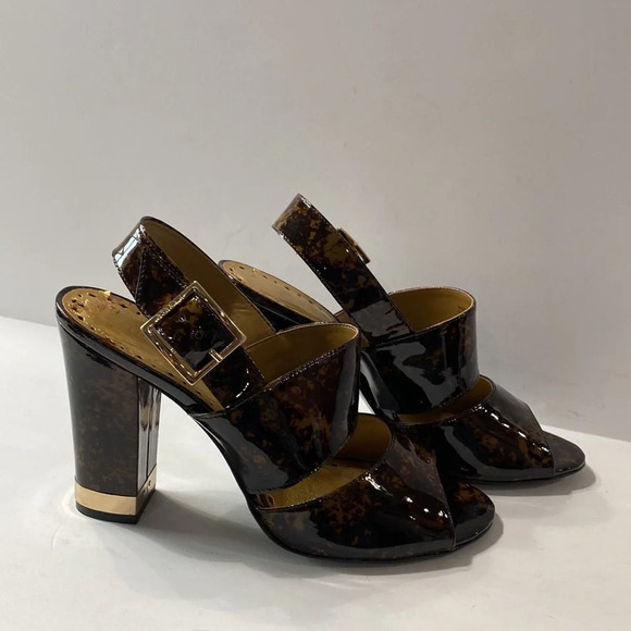 BCBGirls Brown Gold Tortoise Shell Patent Leather Ankle Strap Block Heels Size 9 - Picture 5 of 11